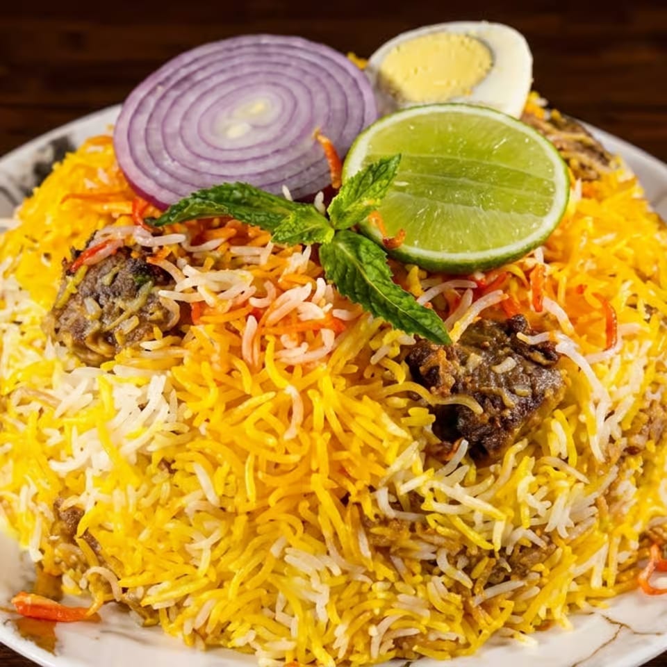 Fragrant saffron rice topped with grilled meat, red onion, lime, mint, and boiled egg on a platter.