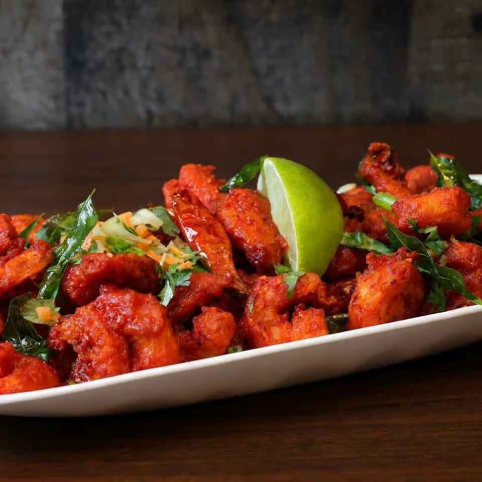 Plate of crispy red-spiced chicken garnished with curry leaves, vegetables, and a lime wedge.