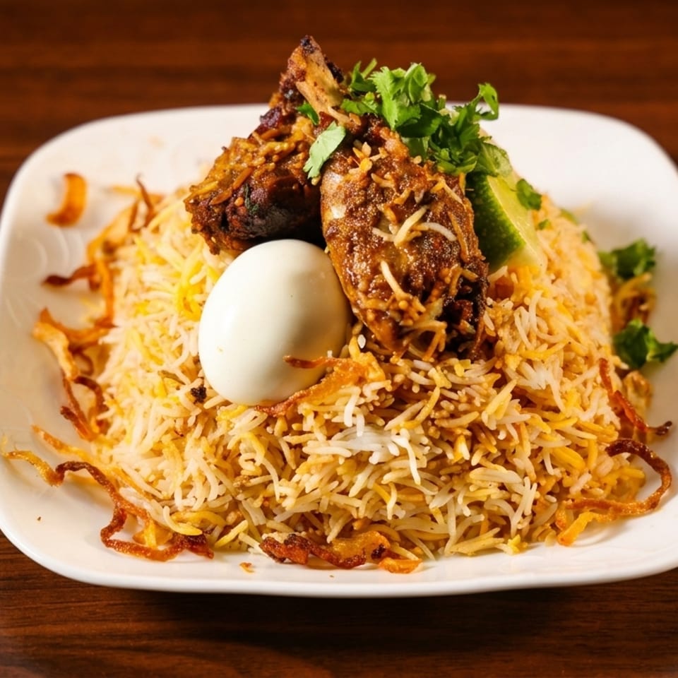 Chicken biryani with a hard-boiled egg, lime, and cilantro on a white plate.