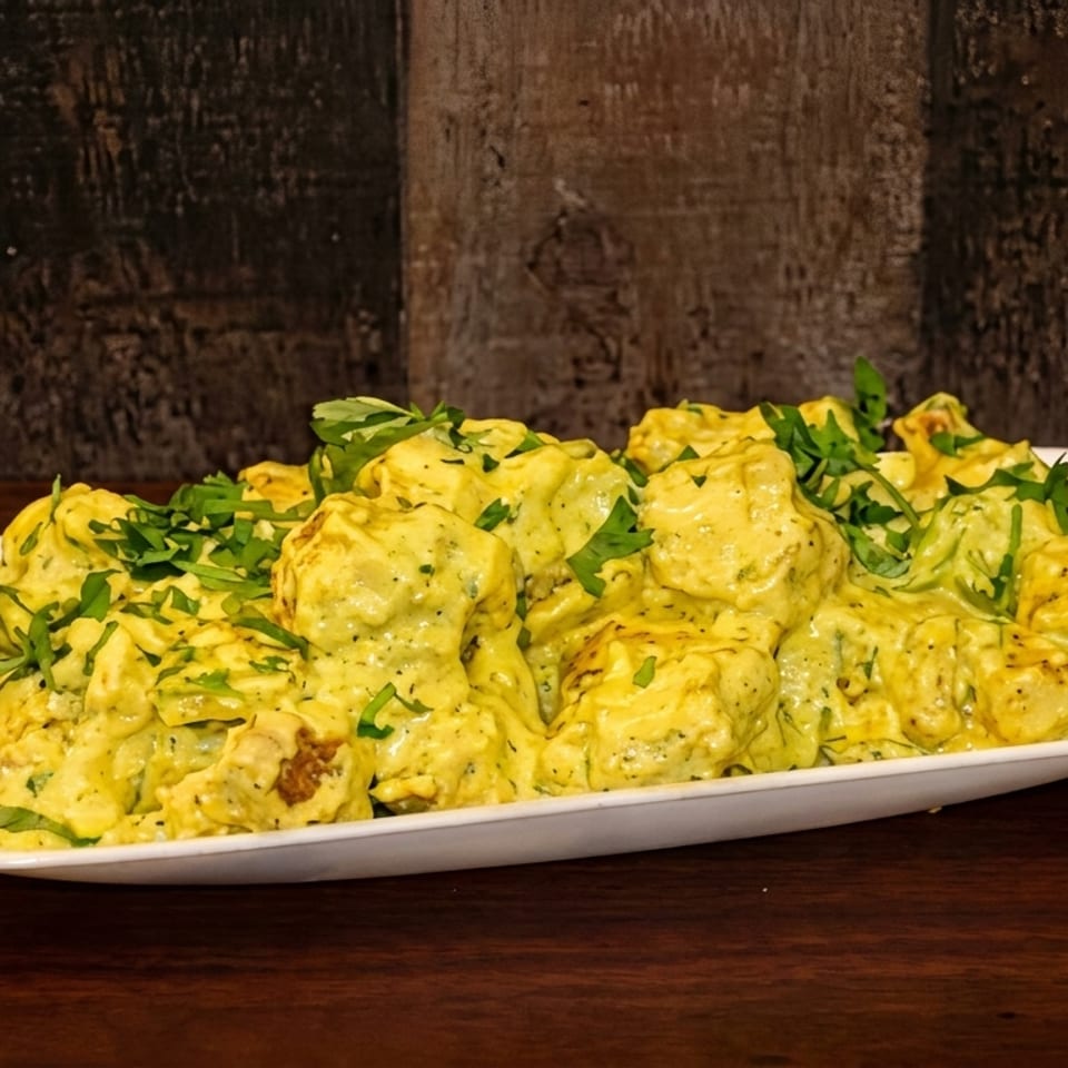 A white platter filled with creamy yellow potato salad, garnished with fresh green parsley.