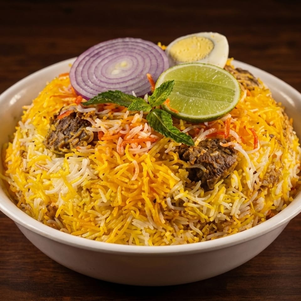 A white bowl of biryani with meat, rice, onion, lime, mint, and a hard-boiled egg.