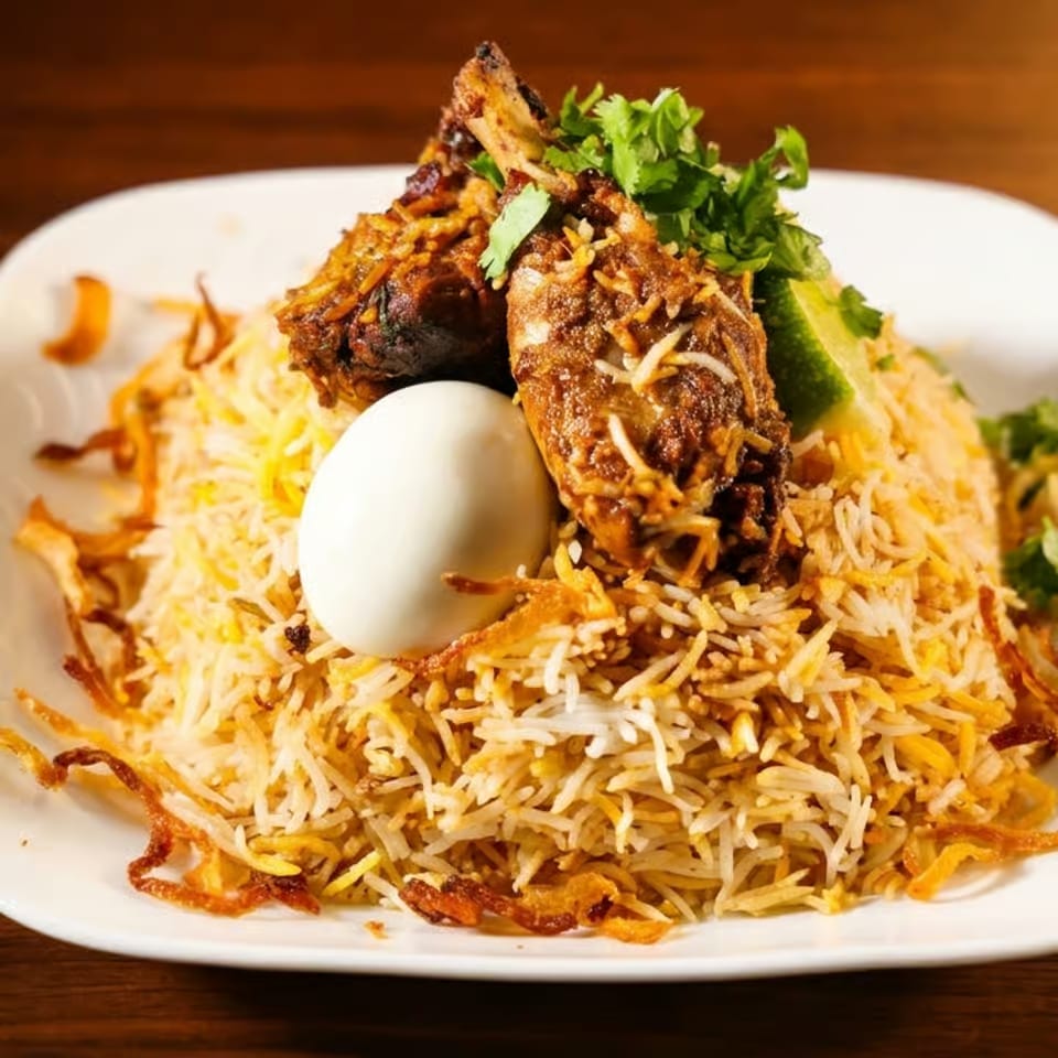 Fragrant biryani rice topped with roasted meat, a boiled egg, cilantro, lime, and crispy fried onions on a white plate.