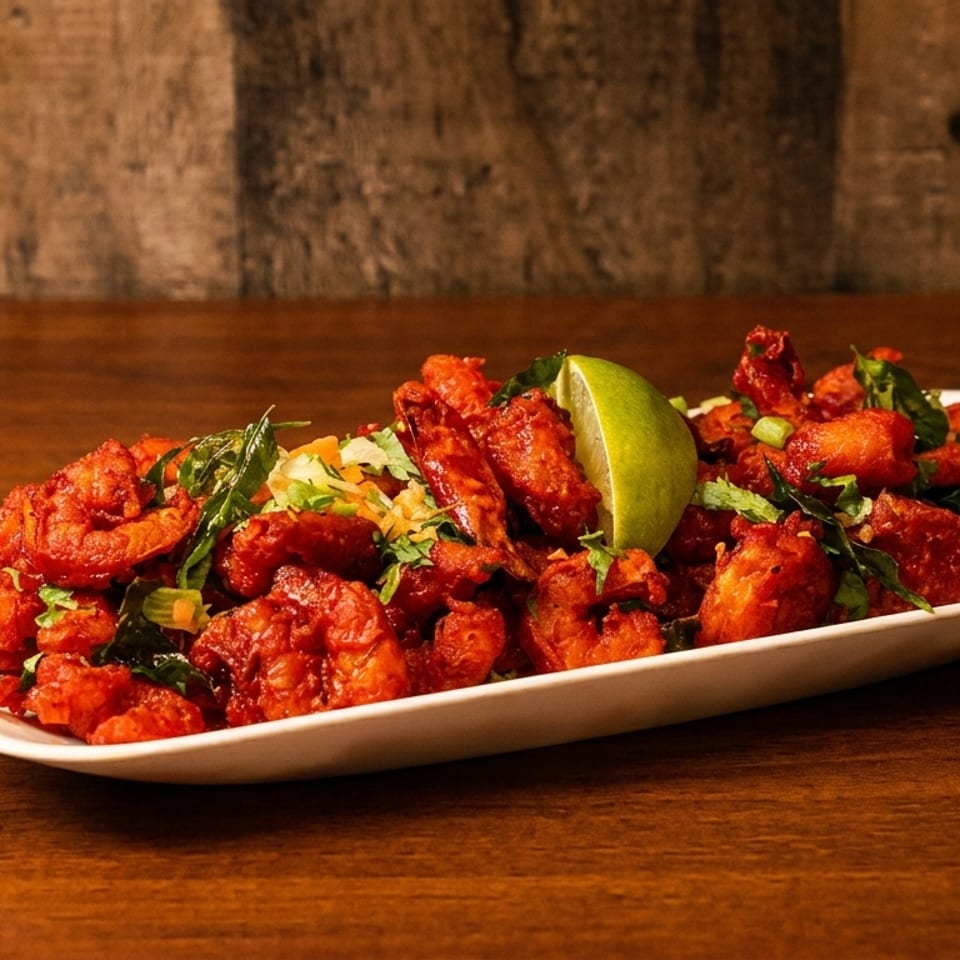 A white platter of bright red fried shrimp, garnished with lime and herbs, on a wooden table.