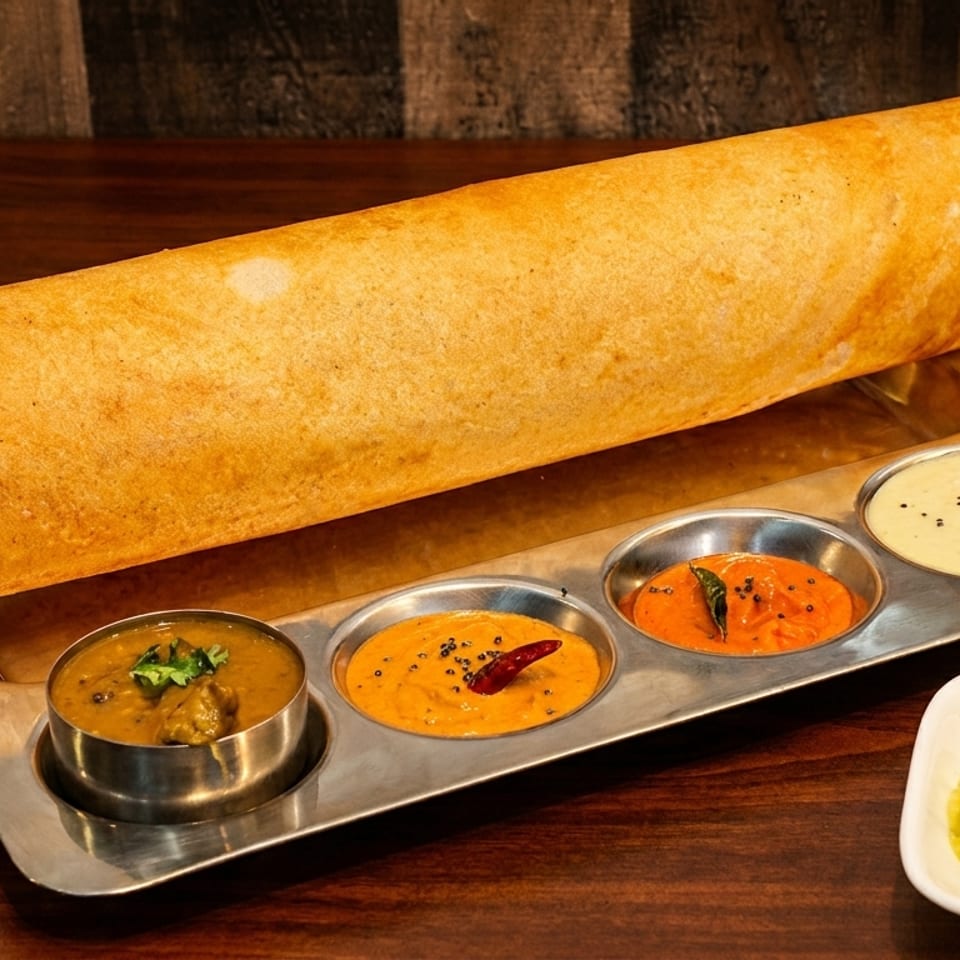 A long, golden-brown dosa served on a metal tray with four small bowls of colorful chutneys and sambar.