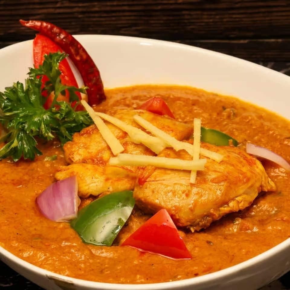 Grilled chicken in creamy orange curry sauce, garnished with ginger strips, vegetables, parsley, and red chili on a white plate.
