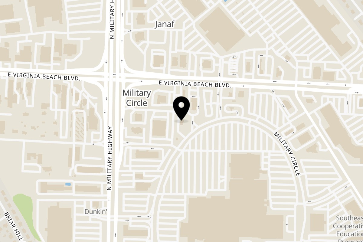 Map showing the location of Biryani Hub Norfolk on 5745 E Virginia Beach Blvd in Norfolk